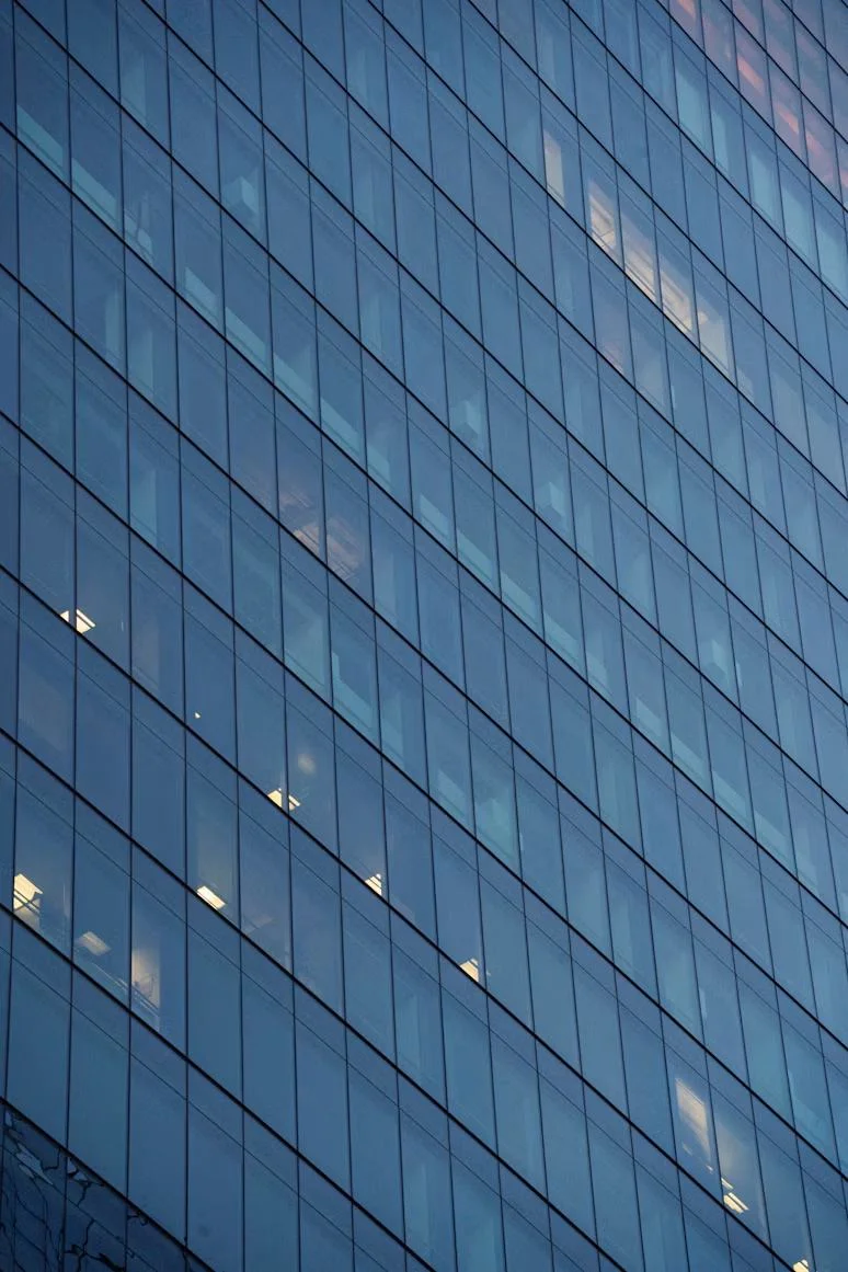Glass office building.